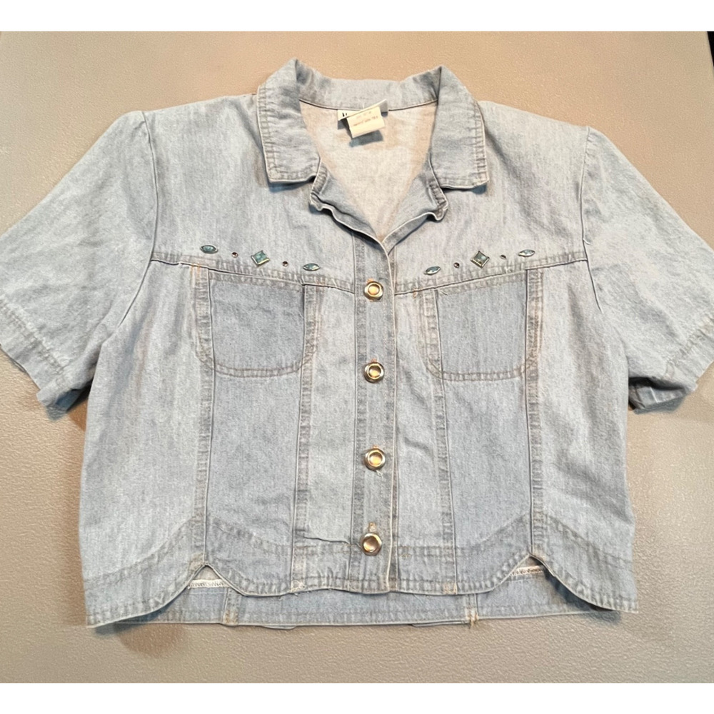 Vtg Western Concho Cropped Jean Jacket Sz 8 Turquoise Embellished Chambray Denim